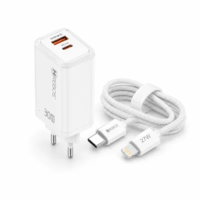 Kit Carregador Hrebos Premium Compativel Com Iphone Ios Lightning Crg-233ci Fluxion Charge 30w + Cabo Usb-c 27w Cor:bran