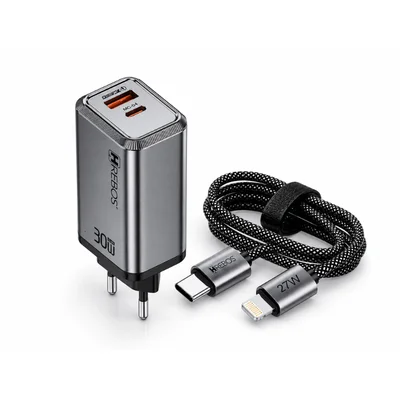 Kit Carregador Hrebos Premium Compativel Com Iphone Ios Lightning Crg-233ci Fluxion Charge 30w + Cabo Usb-c 27w Cor:cinz