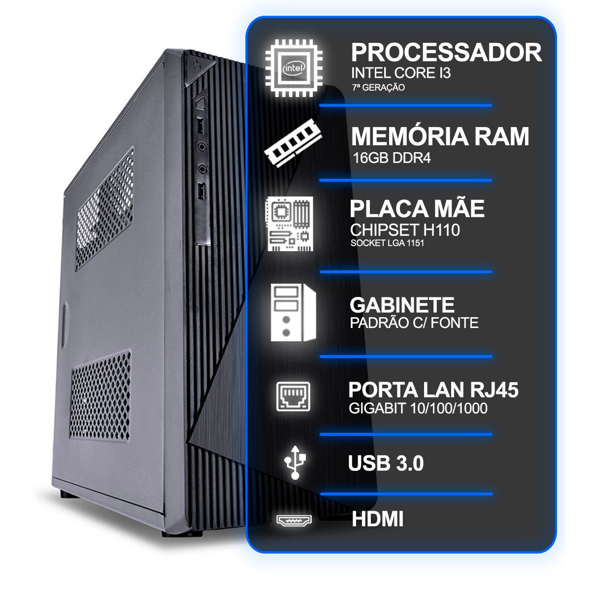Computador Desktop, Intel Core i3 7ª Geração, 16gb Ram, Sem SSD, Conexões Usb/vga/hdmi/lan/som