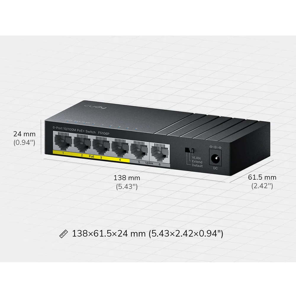 Imagem 2 de 5 do produto Switch Poe+ 6 Portas 10/100 2 Uplink 36w Watchdog Fs106p