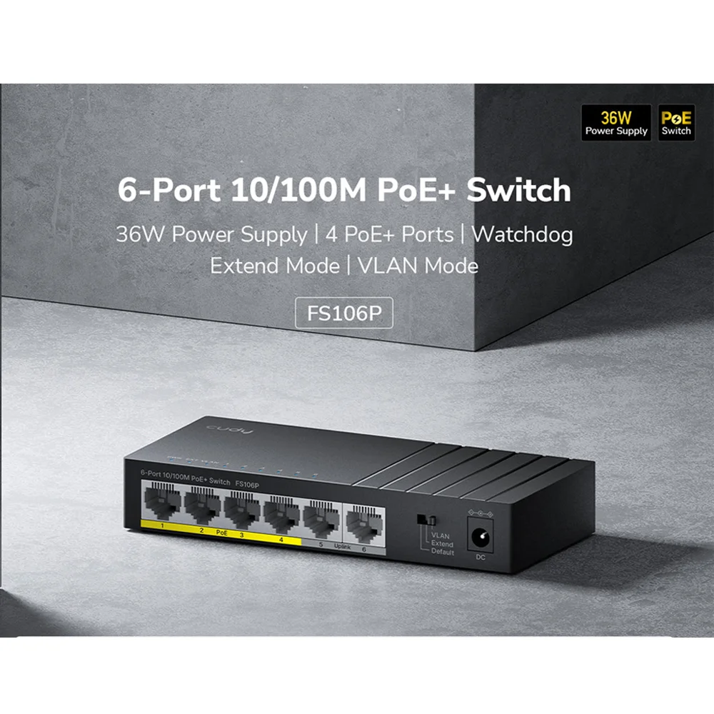 Imagem 5 de 5 do produto Switch Poe+ 6 Portas 10/100 2 Uplink 36w Watchdog Fs106p