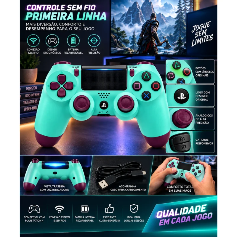 Imagem 2 de 5 do produto Controle Sem Fio Compatível Com Play4 Ps4 Playstation 4 / Slim / Pro / PC E Smart Tvs Samsung Cor Azul  Ciano E Roxo