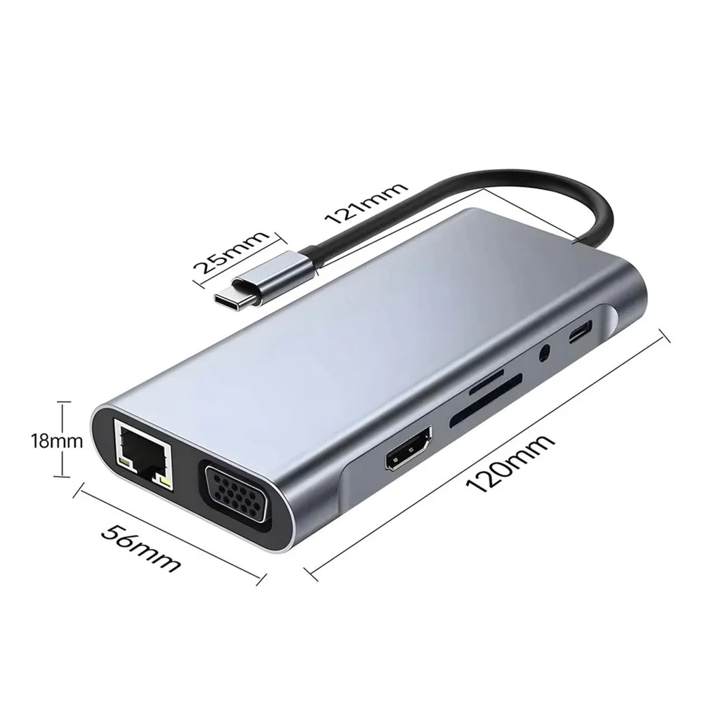 Imagem 2 de 4 do produto Adaptador Usb C 10 Em 1 HDMI Rede Vga Hub Leitor Cartão