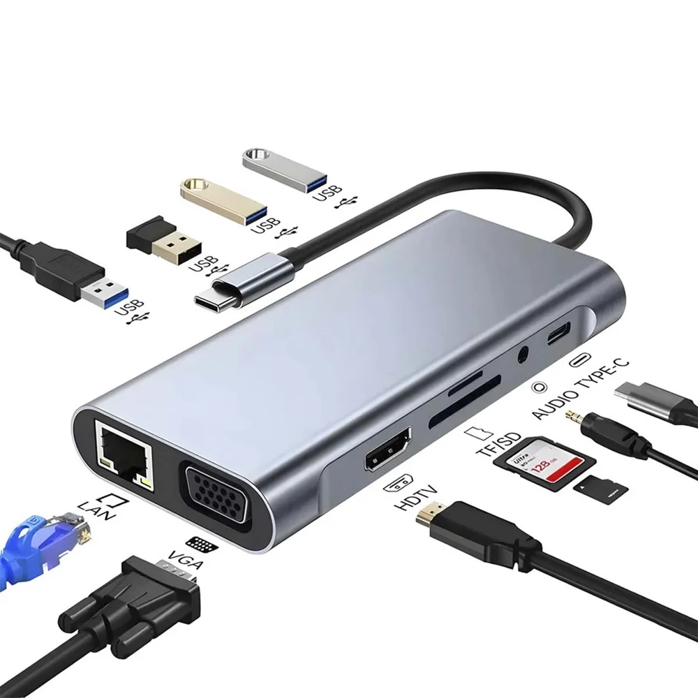 Imagem 3 de 4 do produto Adaptador Usb C 10 Em 1 HDMI Rede Vga Hub Leitor Cartão