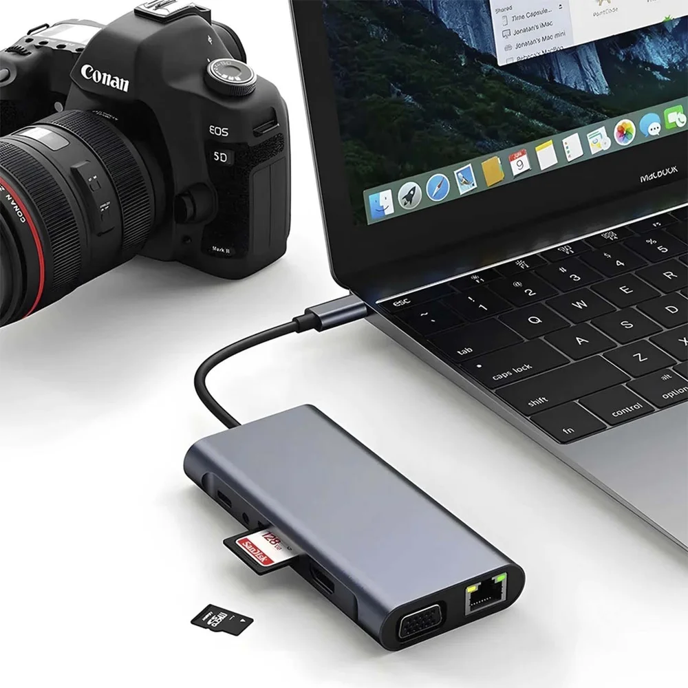 Imagem 4 de 4 do produto Adaptador Usb C 10 Em 1 HDMI Rede Vga Hub Leitor Cartão