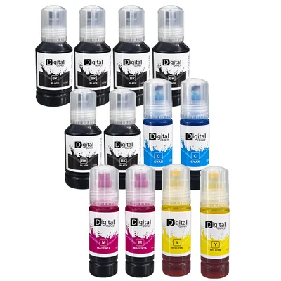 Kit 12 Refis Tinta 2 Cmyk + 4 Black T504 T544 Digital Qualy L4150 L3150 L3150 L6161 L6171 L6191 Black 127ml Color70ml