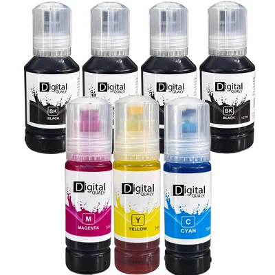 Kit 7 Tintas Compatível 4 Pretas 3 Cores T504 T544 Digital Qualy L3150 L3150 L6161 L6171 L6191 Black 127ml Color70ml
