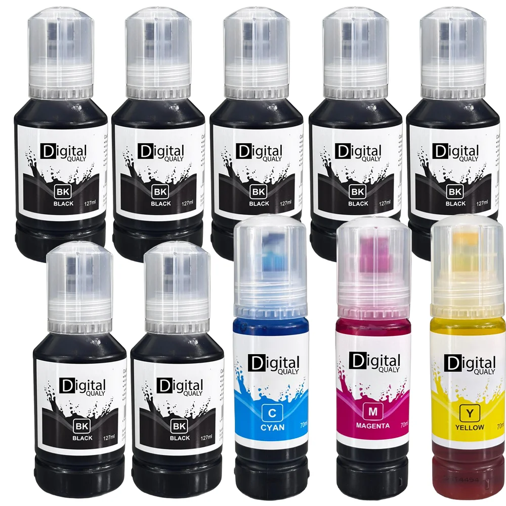 Kit 10 Garrafas Tinta T504 T544 (6 Pretas + Cores) Digital Qualy L3150 L3150 L6161 L6171 L6191 Black 127ml Color70ml