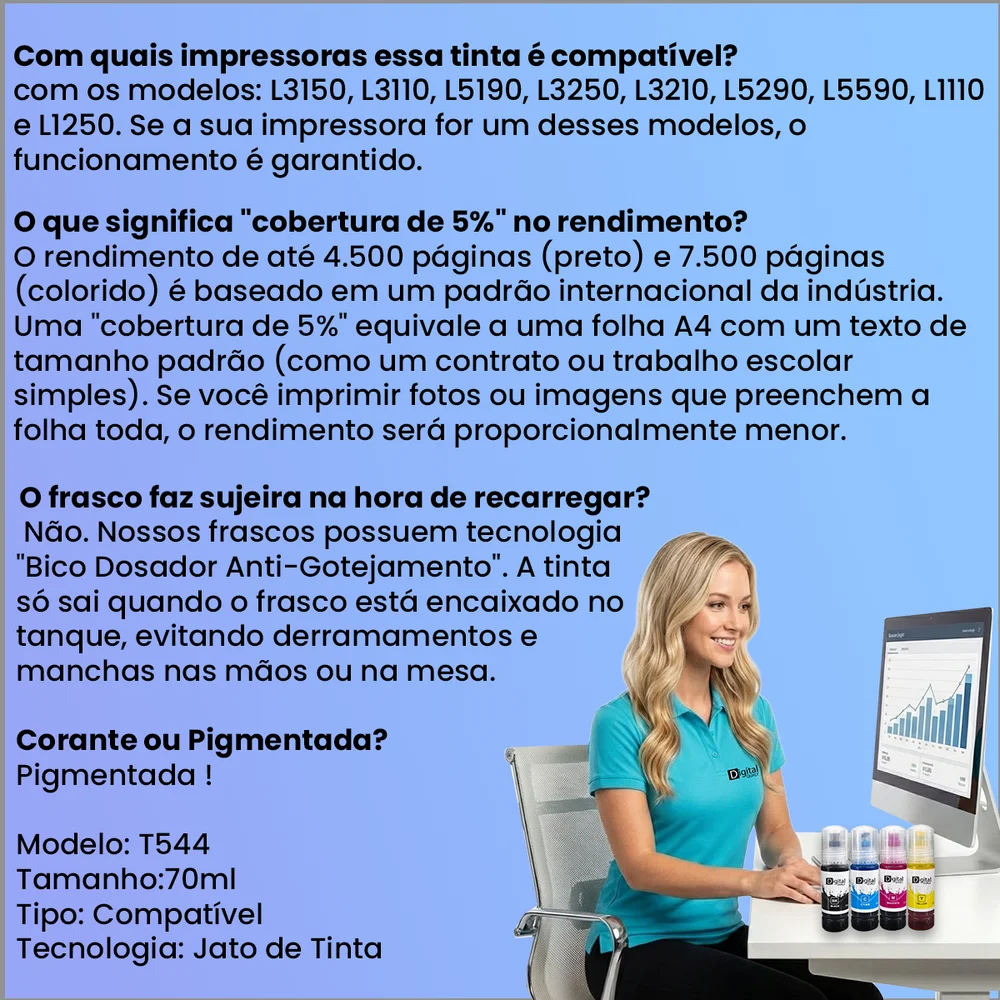 Kit 4x Tinta Preta Black T544 Digital Qualy Alto Rendimento L3250 L3210 L5290 L6171 70 Ml Kit 4x Tinta Preta Black T544 Digital Qualy Alto Rendimento L3250 L3210 L5290 L6171 70 Ml