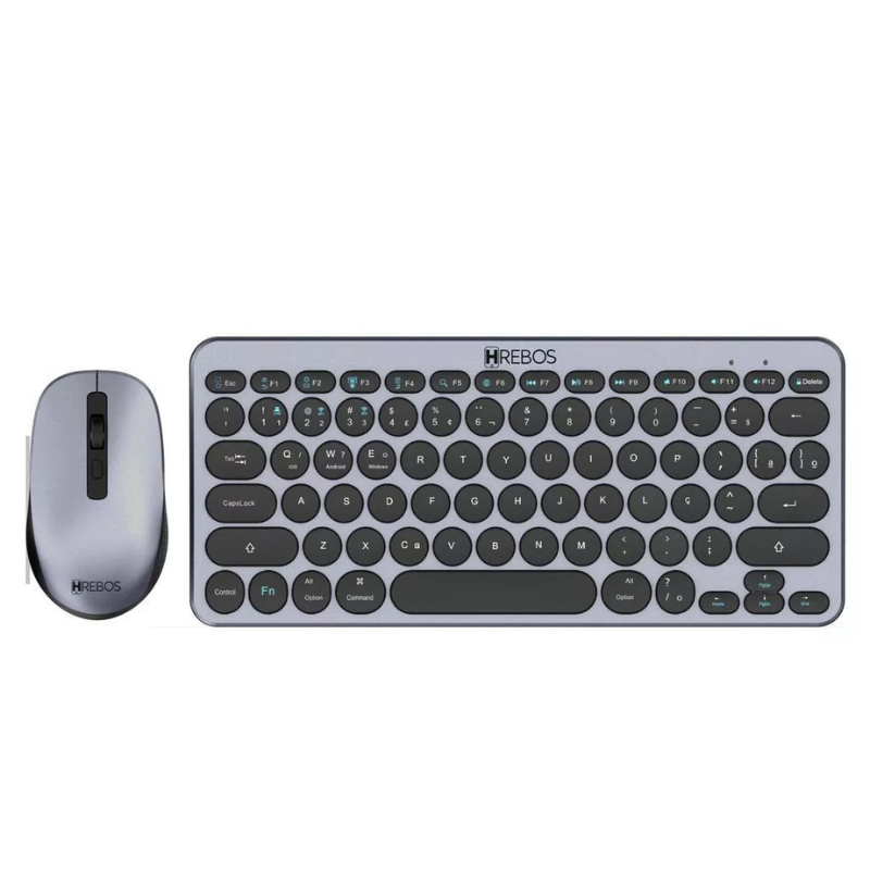 Kit Teclado E Mouse Sem Fio Hrebos Zenkeys If-241 Cinza Bluetooth + Usb Compatível WINDOWS Notebook PC Slim Premium