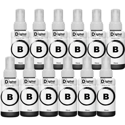 Kit 12 Garrafas Tinta Preta T664 Digital Qualy P/ L355 L395 L365 L375 70ml