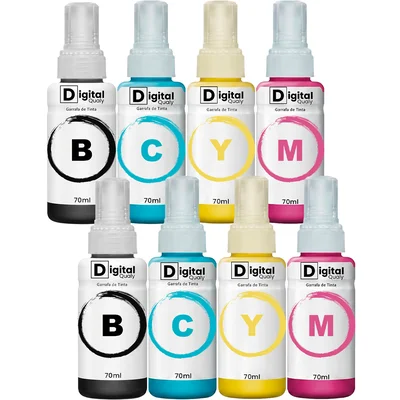 Kit 8x Tinta 2 Preta E 4 Cores Cmyk T664 Digital Qualy Alto Rendimento L355 L365 L220 L380 70ml