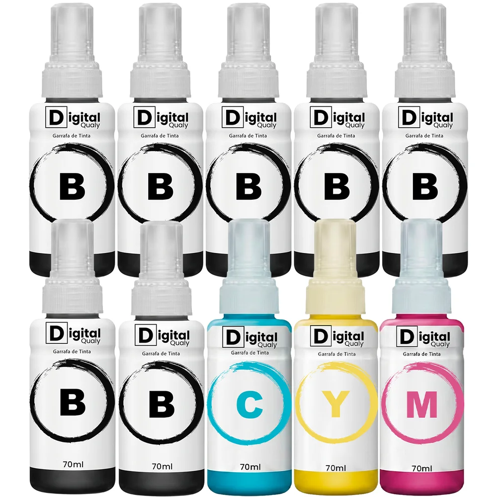 Kit 10 Garrafas 7 Tinta Preta E 3 Colorida T664 Digital Qualy P/ L355 L395 L365 L375  70ml