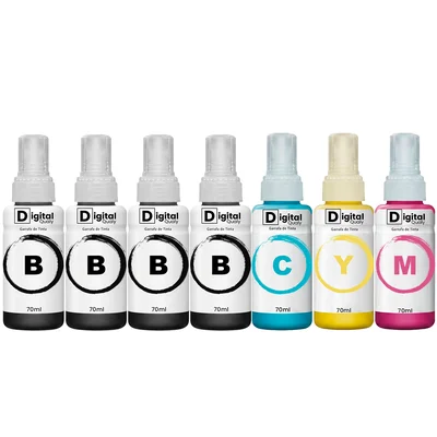 Kit 7 Refis Tinta Compatível 4 Pretas E 3 Cores T664 Digital Qualy P/ L380 L495 L395 L1300 70ml