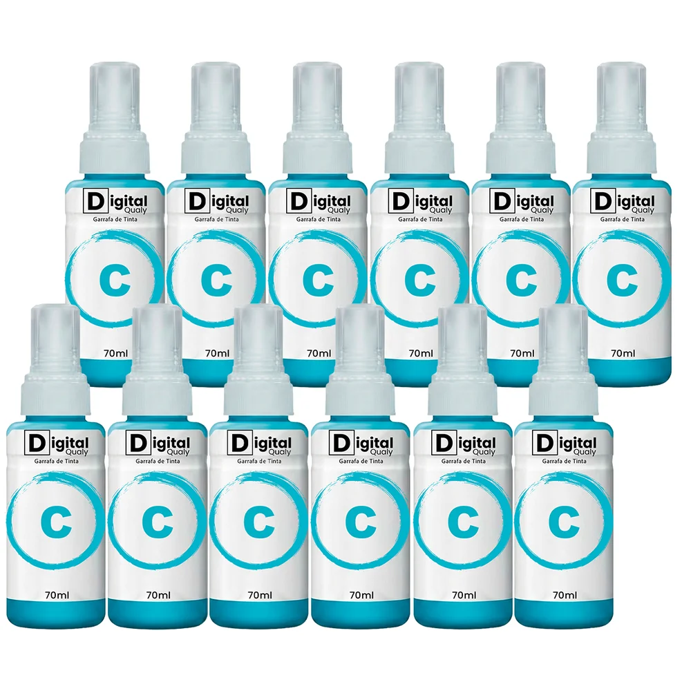 Kit 12 Garrafas Tinta Colorida Ciano T664 Digital Qualy P/ L355 L395 L365 L375  70ml