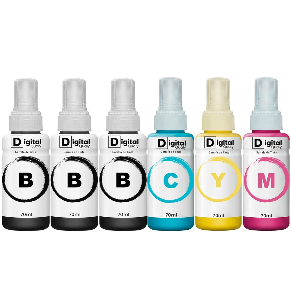Kit 6 Garrafas 3 Tinta Preta E 3 De Cada Colorida T664 Digital Qualy P/ L355 L395 L365 L375  70ml