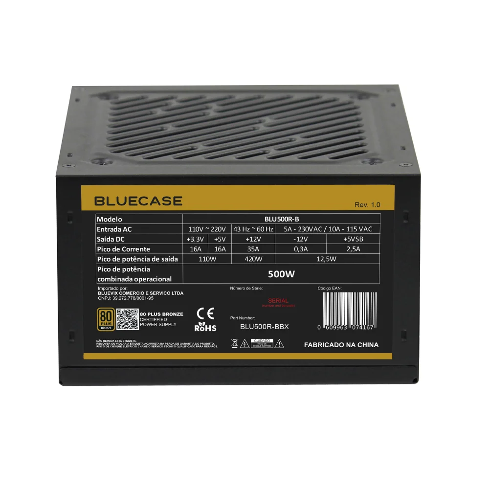 Imagem 5 de 5 do produto Fonte Atx 0500 W Bluecase, Blu500r-bbx, 80 Plus Bronze, Pfc Ativo, Com Cabo, Com Caixa, Preta, Becpfc, Gar: T3m