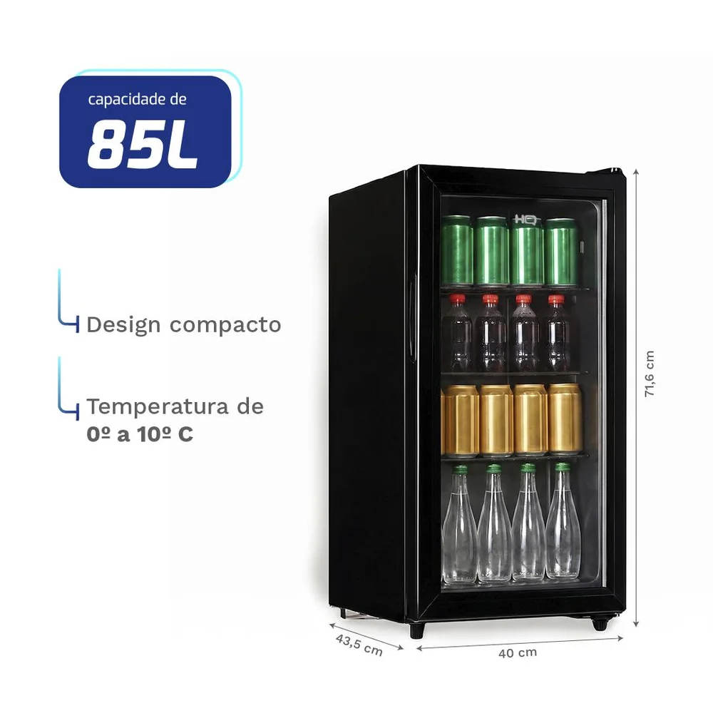 Imagem 3 de 5 do produto Frigobar Expositor Hq 85l Porta De Vidro Duplo Full Black Com Luz Interna E Termostato Hq-85fbpv