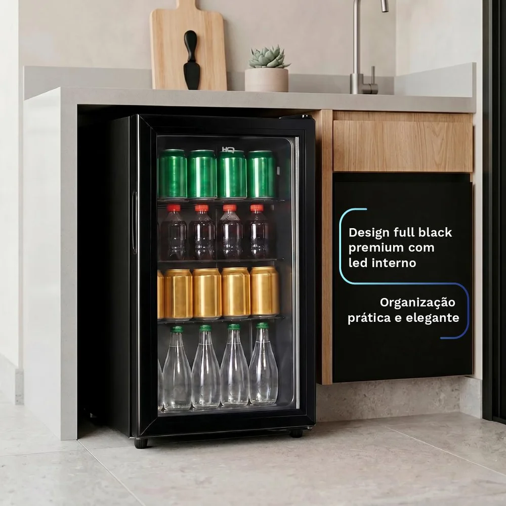 Imagem 4 de 5 do produto Frigobar Expositor Hq 85l Porta De Vidro Duplo Full Black Com Luz Interna E Termostato Hq-85fbpv