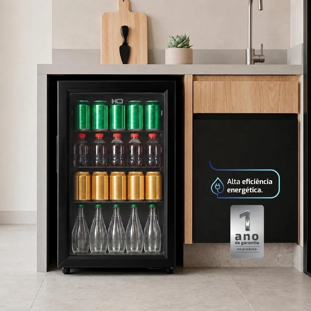 Imagem 5 de 5 do produto Frigobar Expositor Hq 85l Porta De Vidro Duplo Full Black Com Luz Interna E Termostato Hq-85fbpv
