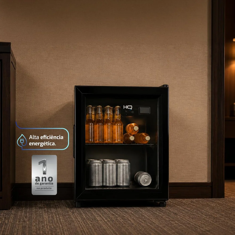 Imagem 2 de 5 do produto Frigobar Expositor Hq 50l Porta De Vidro Duplo Full Black Com Luz Interna E Termostato Hq-50fbpv