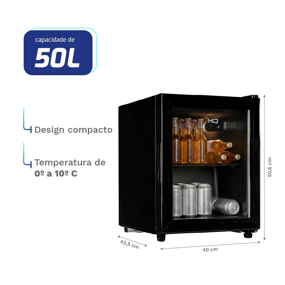 Imagem 3 de 5 do produto Frigobar Expositor Hq 50l Porta De Vidro Duplo Full Black Com Luz Interna E Termostato Hq-50fbpv