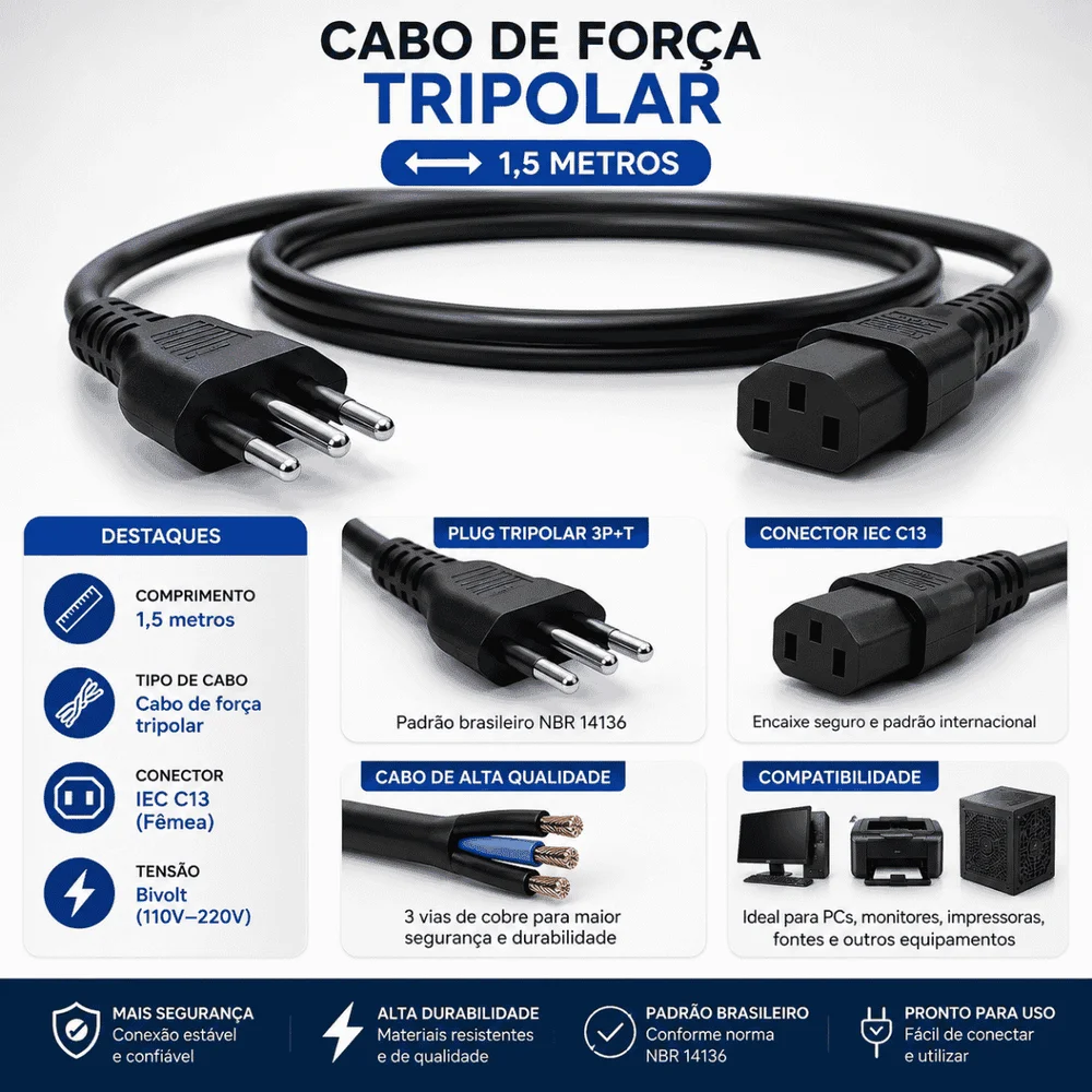 Imagem 4 de 4 do produto Cabo De Força Tripolar King Cord Kc-059 1,8m 10a Iec C13