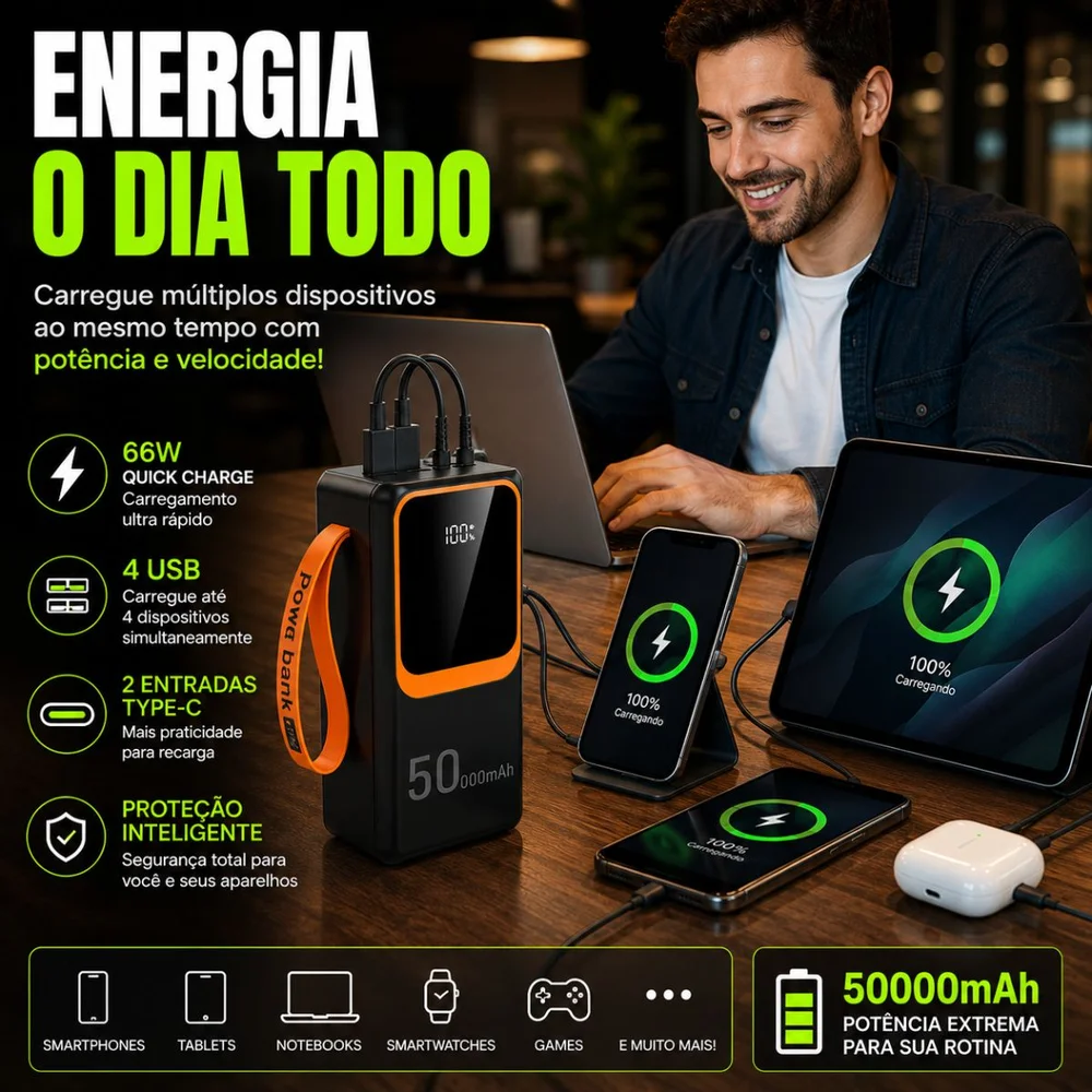 Imagem 5 de 5 do produto Power Bank Carregador Portátil 50.000mah 66w Fast Charge Turbo Digital Usb 6 Entradas Alta Potencia