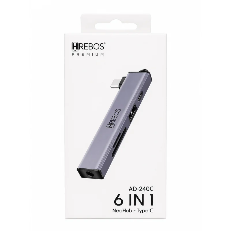 Imagem 2 de 5 do produto Hrebos Premium Neohub Adaptador Hub Tipo C De 6 Portas Ad-240c | Hub Usb Multifuncional | Alta Velocidade