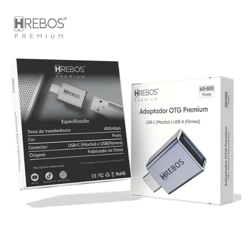 Imagem 4 de 5 do produto Adaptador Otg Hrebos Premium Ad-503 Prata Usb Otg Alta Velocidade Conector Compacto Para Smartphone Tablet Pen Drive