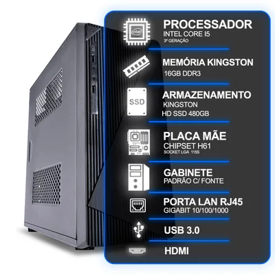 Computador Desktop, Intel Core i5 3ª Geração, Memória Kingston 16gb Ram, Hd SSD Kingston 480GB, Conexões Usb/vga/hdmi/lan/som