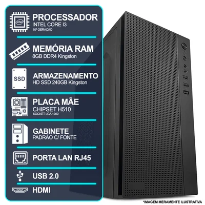 Computador Desktop, Intel Core i3 10ª Geração, 8GB Ram Kingston, SSD Kingston 240GB, Conexões Usb/vga/hdmi/lan/som