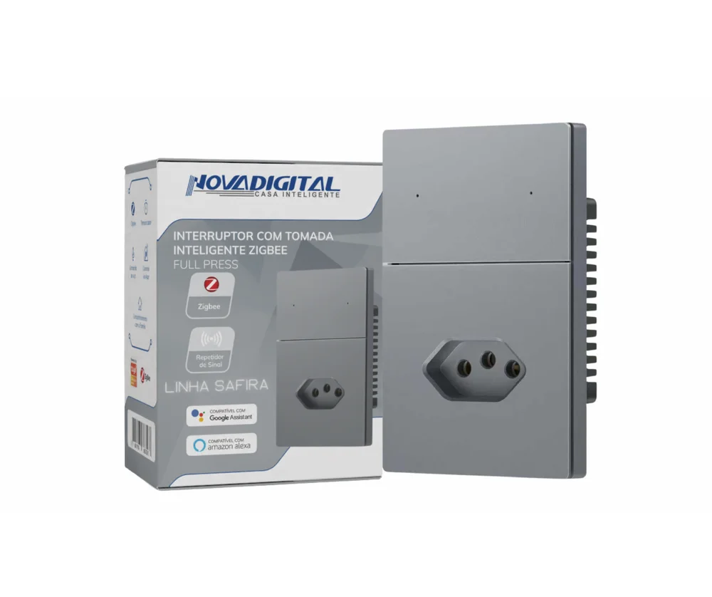 Interruptor Inteligente Zigbee Novadigital 2 Botões Com Tomada Safira Cinza 20a 110-220v Sa-wk-2c