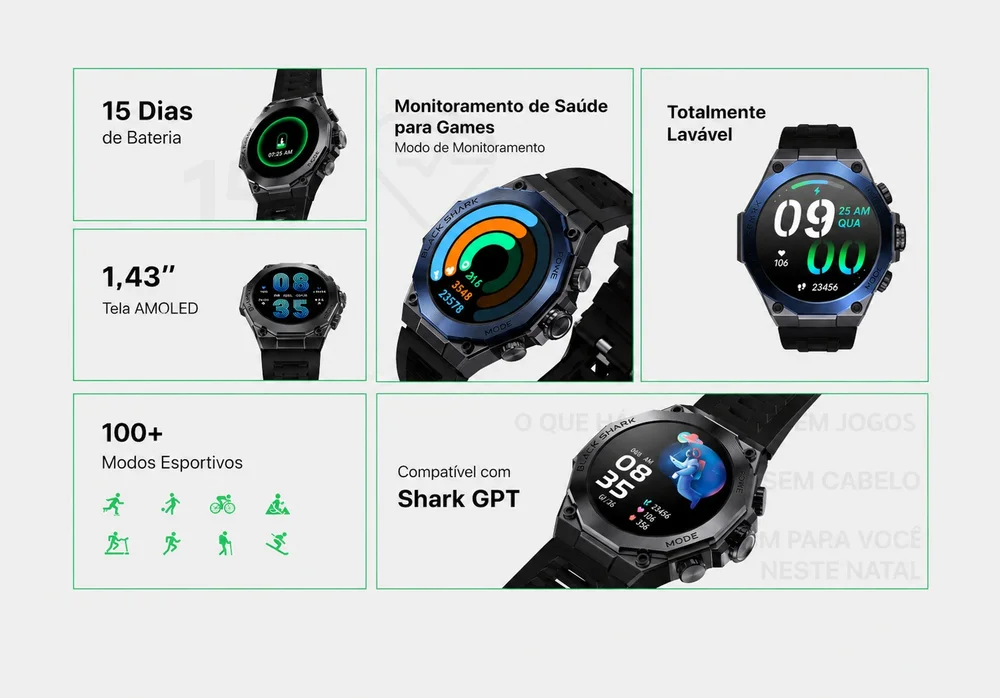 Imagem 4 de 5 do produto Smartwatch Black Shark S1 Pro, AmoLED 1,43" Chamadas Bluetooth, Bateria 15 Dias, Ip68, +100 Esportes