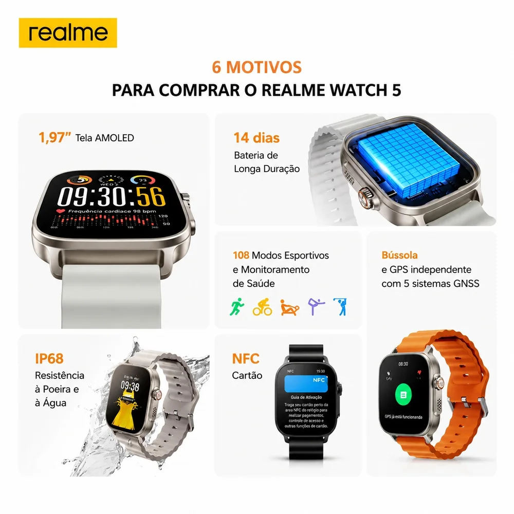 Smartwatch Realme Watch 5, AmoLED 1.97" Display 2d, Bússola, Gps Independente 5 Gnss 14 Dias Preto 8