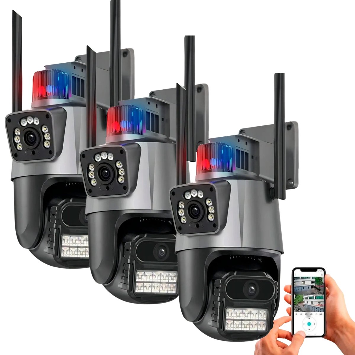 Kit 3 Câmeras De Segurança Externa Wife 4k Lente Dupla Fixa e Giratoria Com Sirene Policial Alarme