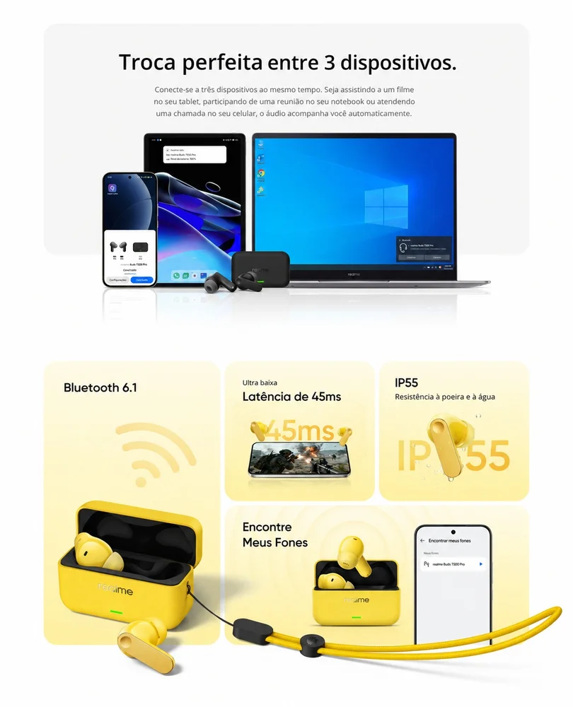 Imagem 4 de 5 do produto Fone De Ouvido Realme Buds T500 Pro, Tradução Idiomas, Bluetooth Com Conexão Tripla, 50db - Prata