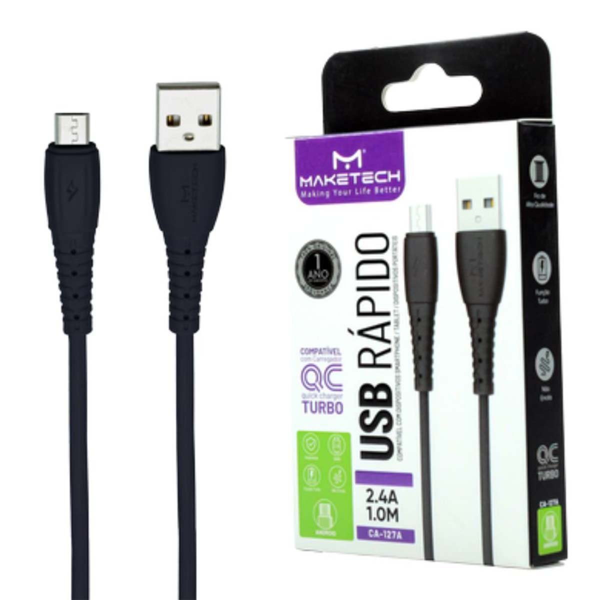 Cabo Micro Usb Ca-127a Emborrachado 1m Preto Maketech