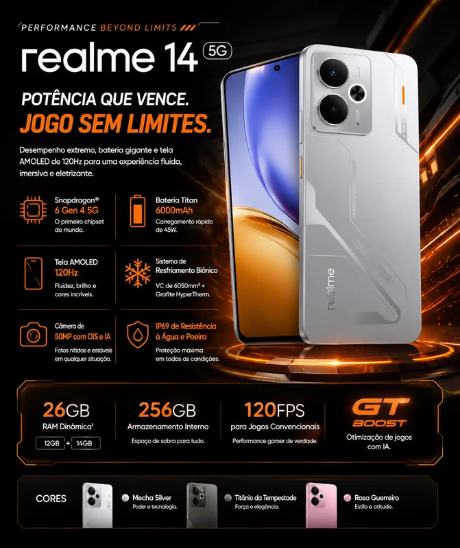 Imagem 2 de 5 do produto Realme 14 5g 256gb 8GB Ram Snapdragon 6 Gen 4 Tela AmoLED 120hz 6000mah Nfc Ip69 Dual Sim - Prata