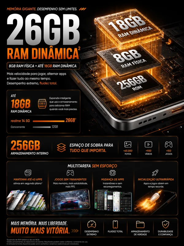 Imagem 5 de 5 do produto Realme 14 5g 256gb 8GB Ram Snapdragon 6 Gen 4 Tela AmoLED 120hz 6000mah Nfc Ip69 Dual Sim - Prata