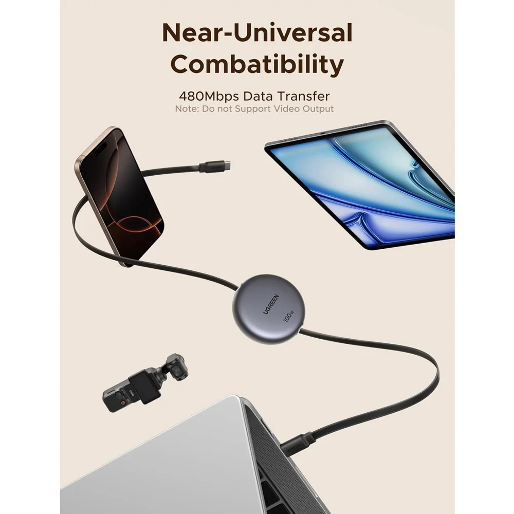 Imagem 5 de 5 do produto Cabo Usb-c Para Usb-c Retrátil Ugreen 100w 5a 1m Cinza