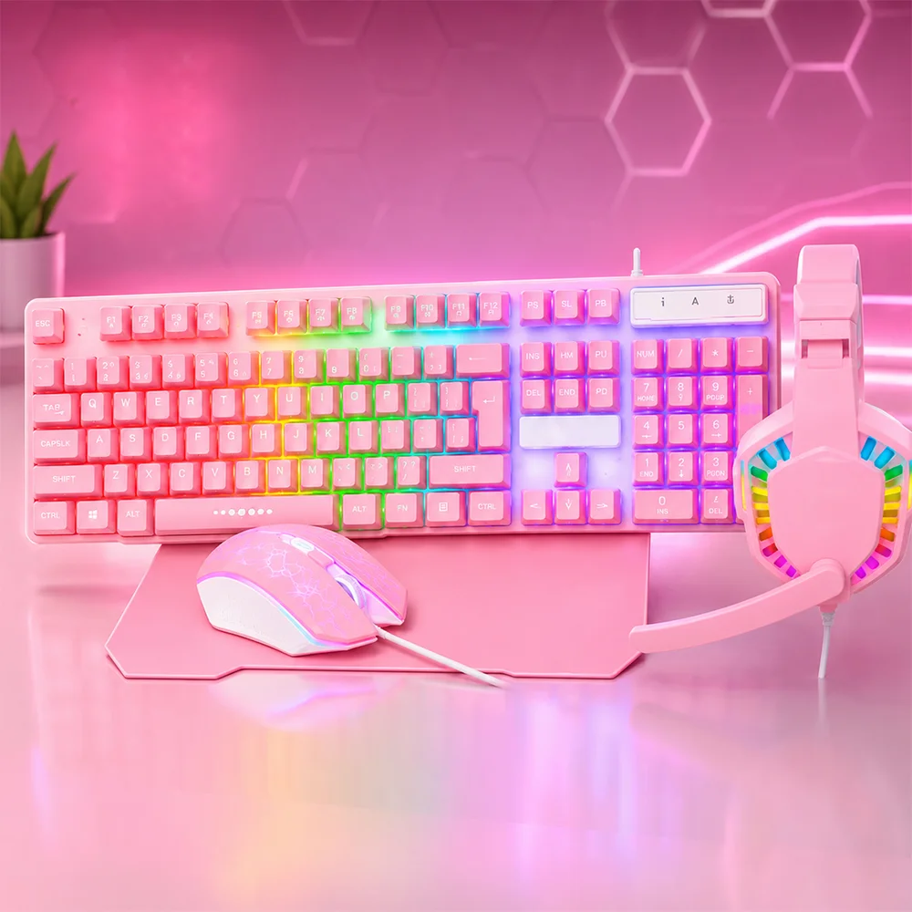 Imagem 3 de 4 do produto Kit Gamer Teclado Mouse Mousepad E Headset Rosa