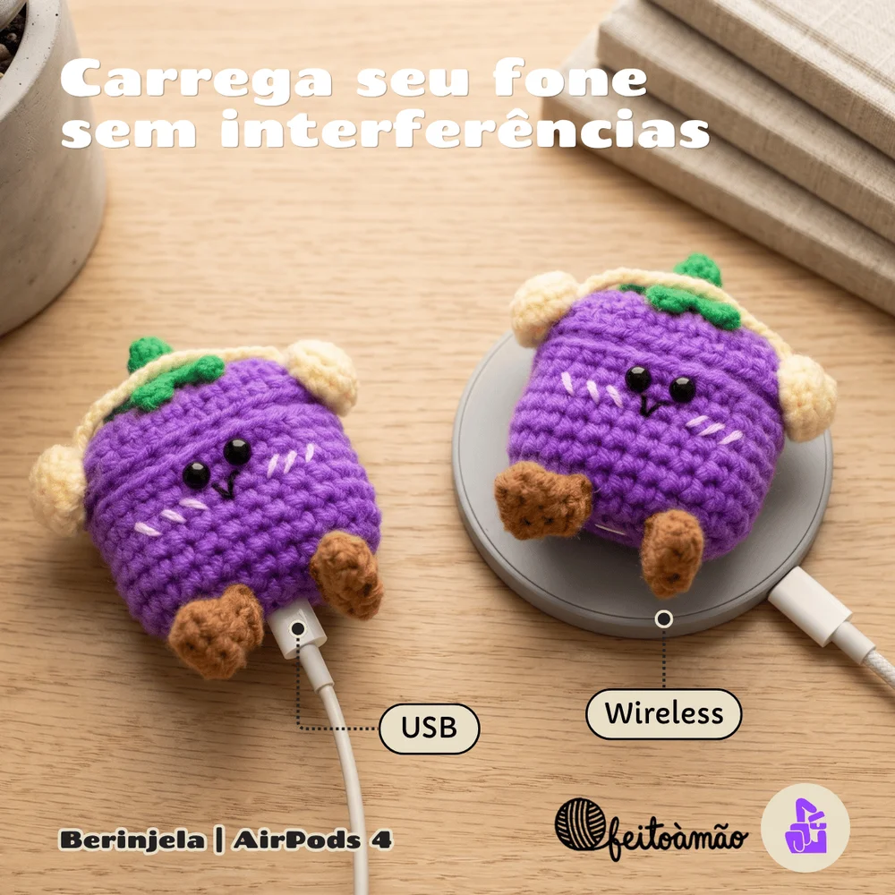 Imagem 5 de 5 do produto Capa Protetora Nerdcase Compatível Com Airpods 4, Amigurumi Beringela