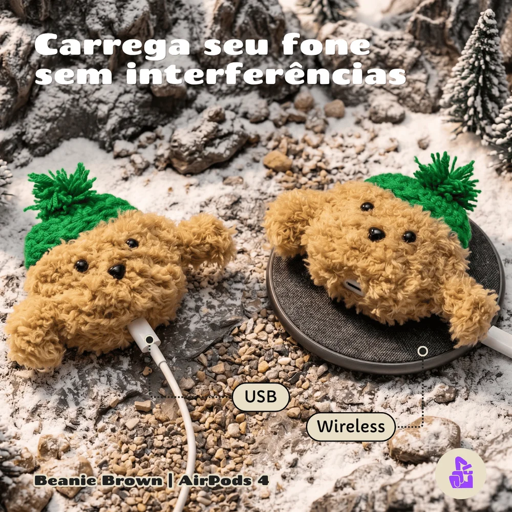 Imagem 5 de 5 do produto Capa De Pelúcia Nerdcase Compatível Com Airpods 4, Cachorro Beanie Brown