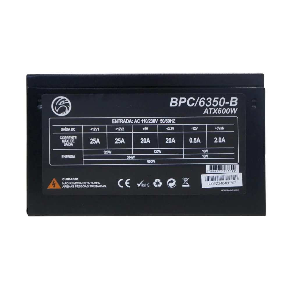 Imagem 3 de 4 do produto Fonte De Alimentação Para PC Brazil PC Bpc/6350 600w Preta 115v/230v