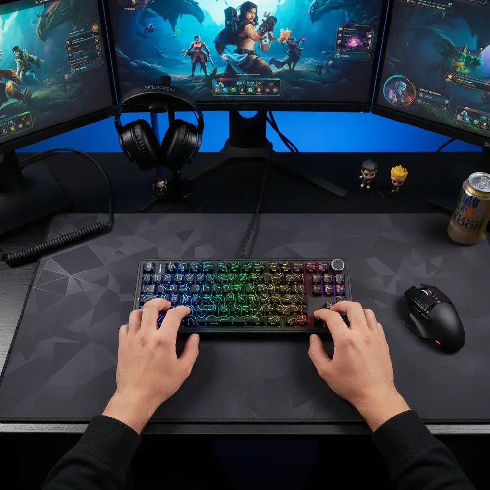 Imagem 2 de 5 do produto Teclado Mecânico Aula F75 Preto Contorno Gamer 75% Sem Fio Tri Mode Bluetooth 2.4g Usb RGB Hotswap Layout Us