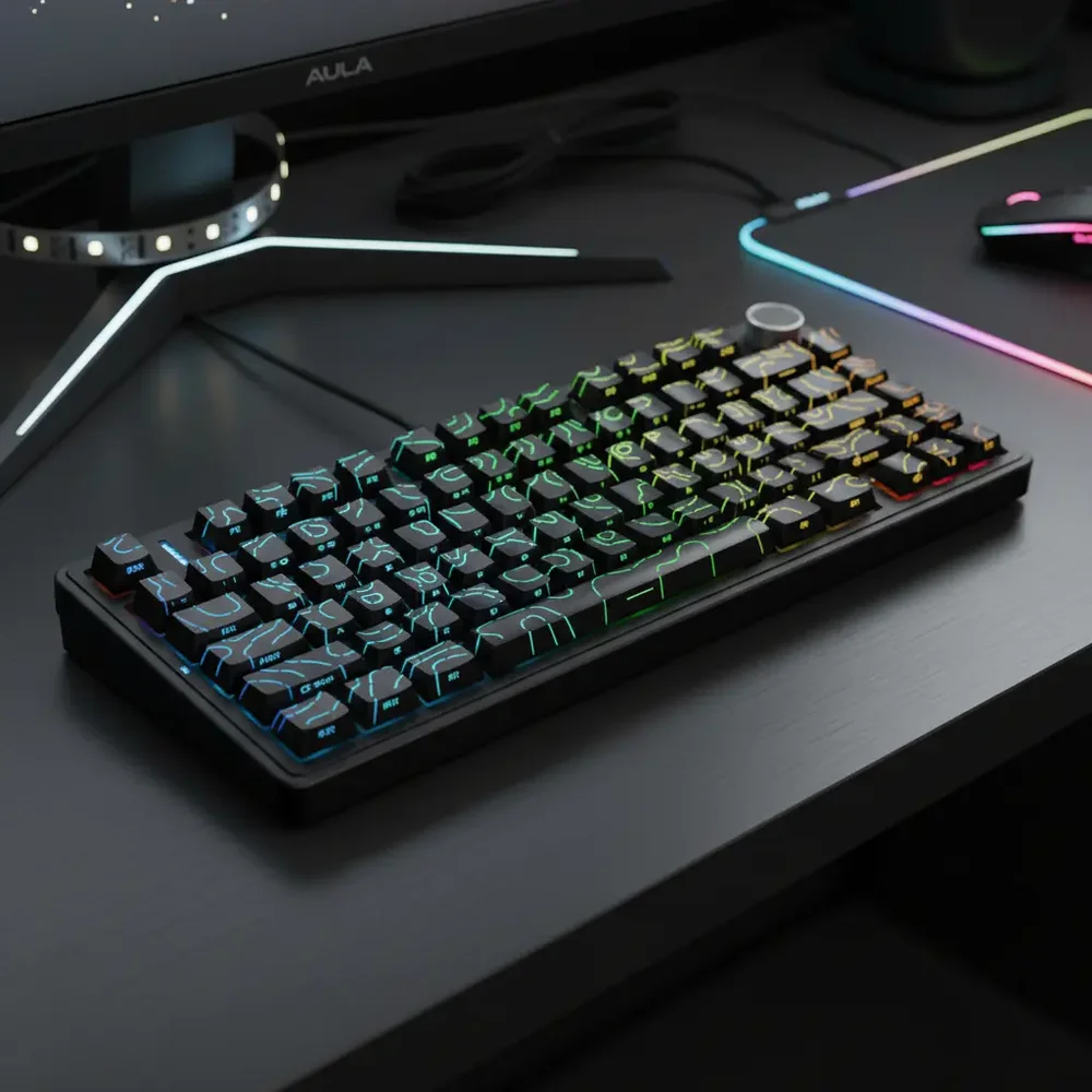 Imagem 5 de 5 do produto Teclado Mecânico Aula F75 Preto Contorno Gamer 75% Sem Fio Tri Mode Bluetooth 2.4g Usb RGB Hotswap Layout Us