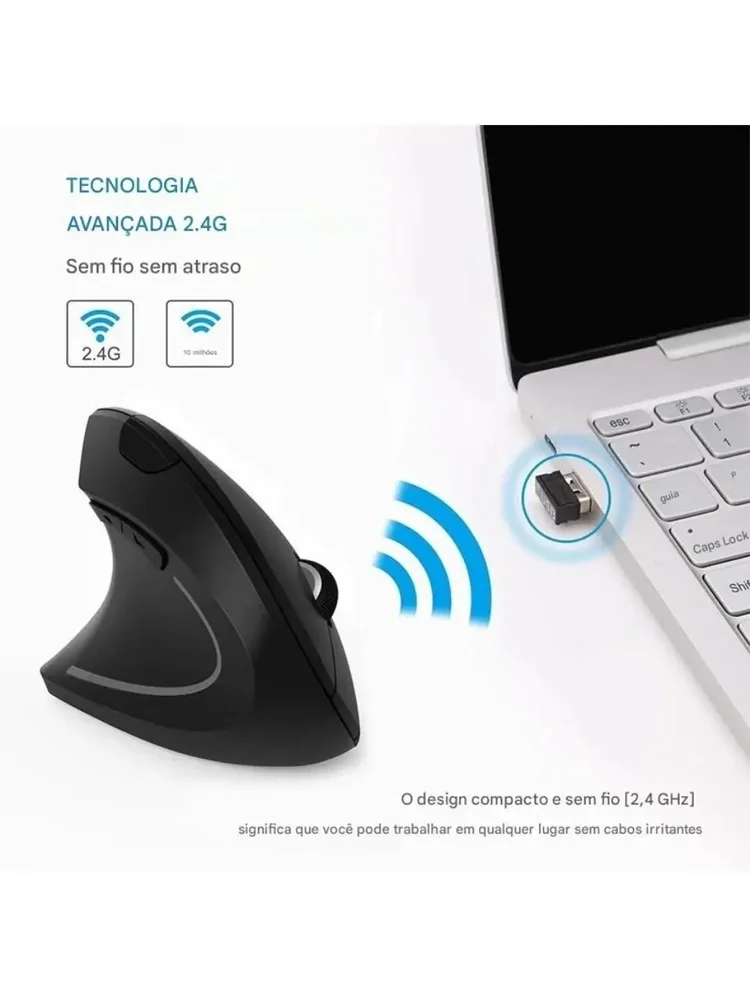 Imagem 4 de 5 do produto Mouse Sem Fio Vertical Ergonômico Gamer Recarregavel 2.4 Usb Cor Preto