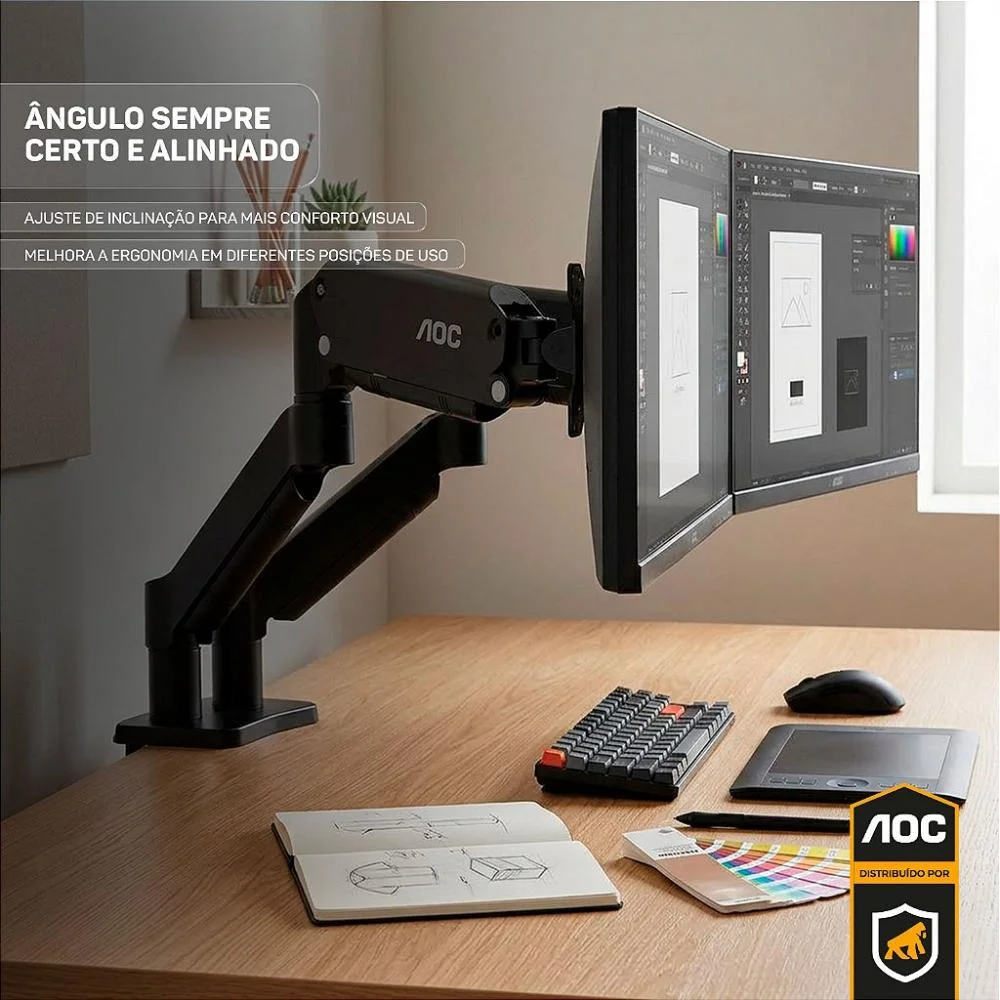 Imagem 3 de 5 do produto Suporte De Mesa Articulado Para 2 Monitores 15” A 32” Vesa - Preto - Aoc