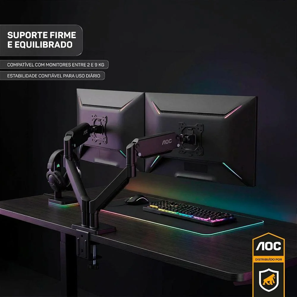 Imagem 4 de 5 do produto Suporte De Mesa Articulado Para 2 Monitores 15” A 32” Vesa - Preto - Aoc